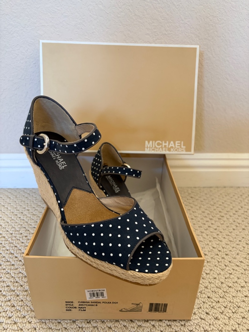 Michael Kors Navy and White Polka Dot Espadrille Wedge Sandals